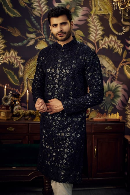 Shop_Kasbah_Blue Georgette Sequins Geometric Embroidered Kurta _Online_at_Aza_Fashions