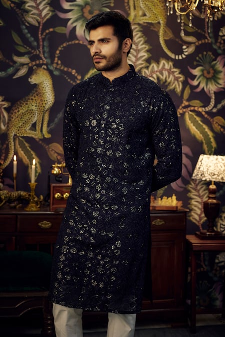 Kasbah_Blue Georgette Sequins Geometric Embroidered Kurta _at_Aza_Fashions