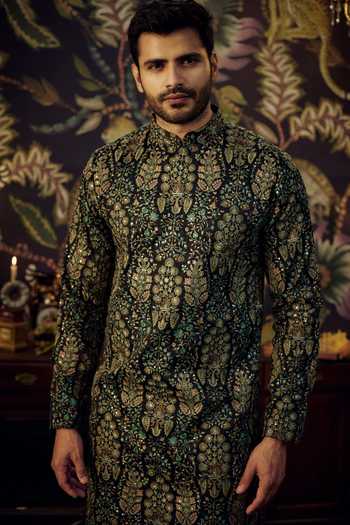 Shop_Kasbah_Black Silk Embroidery Chikankari Floral Kurta_Online_at_Aza_Fashions