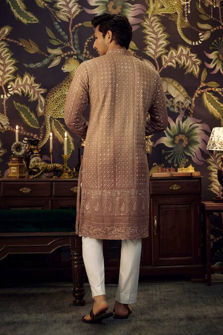 Shop_Kasbah_Beige Georgette Sequins Paisley Embroidered Kurta _at_Aza_Fashions