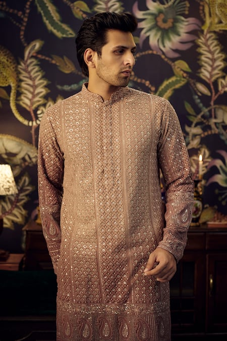 Buy_Kasbah_Beige Georgette Sequins Paisley Embroidered Kurta _Online_at_Aza_Fashions