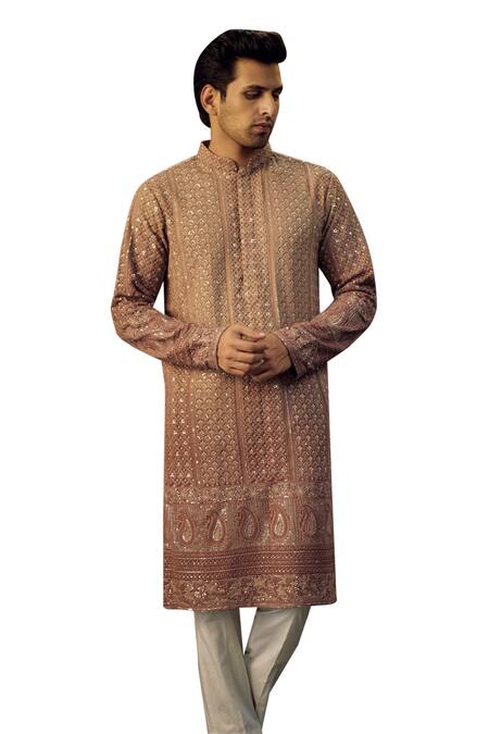 Shop_Kasbah_Beige Georgette Sequins Paisley Embroidered Kurta _Online_at_Aza_Fashions