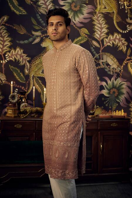 Kasbah_Beige Georgette Sequins Paisley Embroidered Kurta _at_Aza_Fashions
