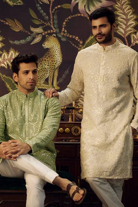 Buy_Kasbah_White Georgette Mirrors, Embroidery Chikankari Work Kurta_Online_at_Aza_Fashions