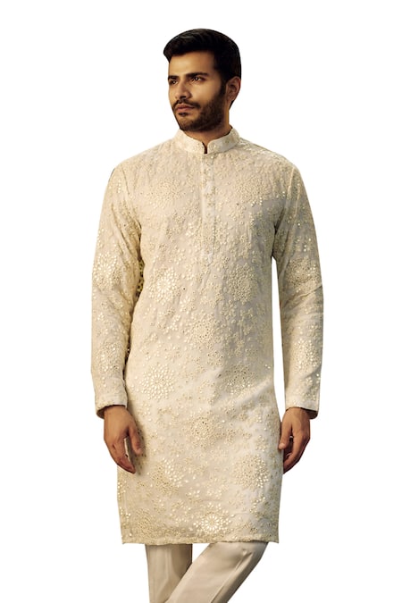 Kasbah_White Georgette Mirrors, Embroidery Chikankari Work Kurta_at_Aza_Fashions