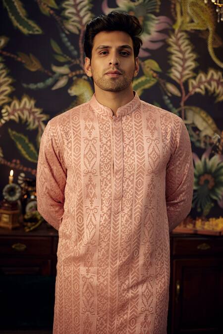 Shop_Kasbah_Peach Georgette Embroidery Chikankari On Kurta_at_Aza_Fashions