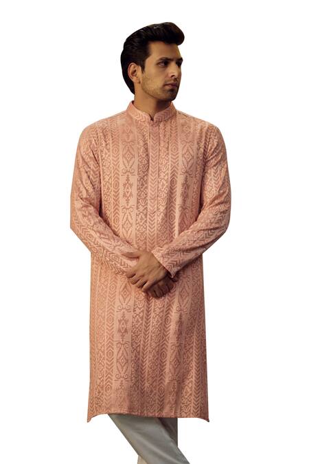 Kasbah_Peach Georgette Embroidery Chikankari On Kurta_Online_at_Aza_Fashions