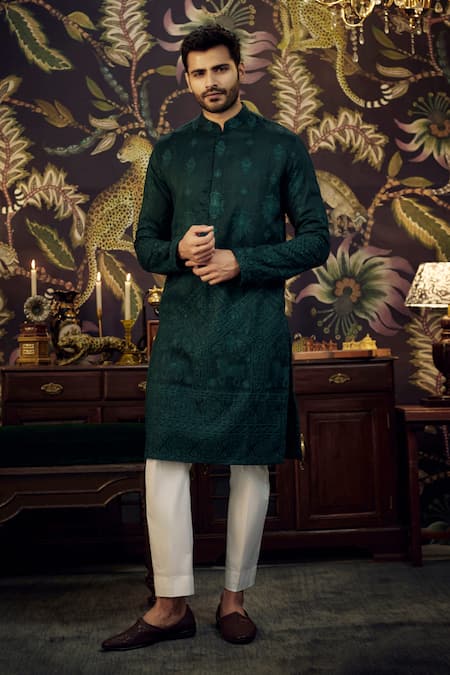 Kasbah Green Silk Embroidered Thread Horse Figure Kurta 