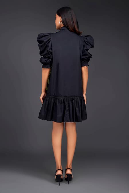 Shop Deepika Arora Black Cotton High Neck Contrasting Pleated Frill Dress at Aza Fashions Shop_Deepika Arora_Black Cotton High Neck Contrasting Pleated Frill Dress_at_Aza_Fashions