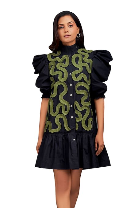 Deepika Arora Black Cotton High Neck Contrasting Pleated Frill Dress Online at Aza Fashions Deepika Arora_Black Cotton High Neck Contrasting Pleated Frill Dress_Online_at_Aza_Fashions