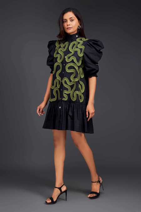 Buy Deepika Arora Black Cotton High Neck Contrasting Pleated Frill Dress Online at Aza Fashions Buy_Deepika Arora_Black Cotton High Neck Contrasting Pleated Frill Dress_Online_at_Aza_Fashions
