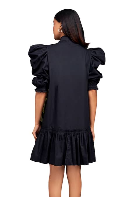 Shop Deepika Arora Black Cotton High Neck Contrasting Pleated Frill Dress Online at Aza Fashions Shop_Deepika Arora_Black Cotton High Neck Contrasting Pleated Frill Dress_Online_at_Aza_Fashions