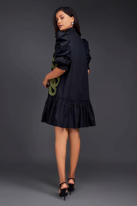 Buy Deepika Arora Black Cotton High Neck Contrasting Pleated Frill Dress Buy_Deepika Arora_Black Cotton High Neck Contrasting Pleated Frill Dress