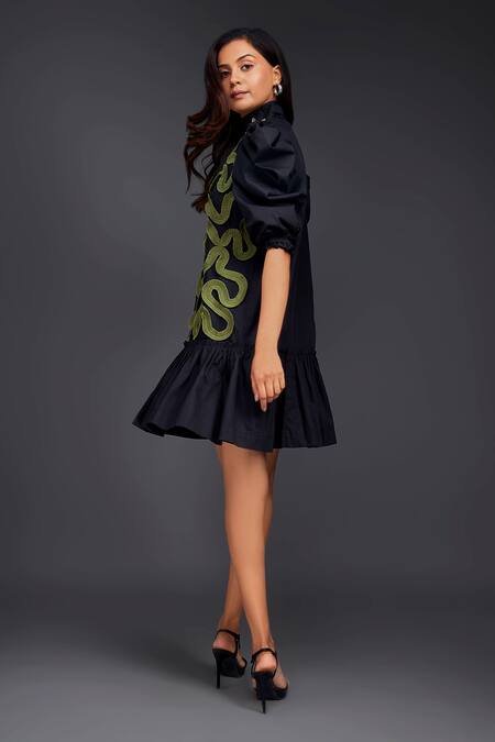 Shop Deepika Arora Black Cotton High Neck Contrasting Pleated Frill Dress Shop_Deepika Arora_Black Cotton High Neck Contrasting Pleated Frill Dress