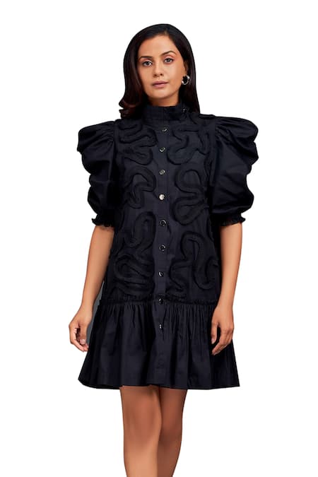 Deepika Arora_Black Cotton High Neck Pleated Frill Dress_Online_at_Aza_Fashions