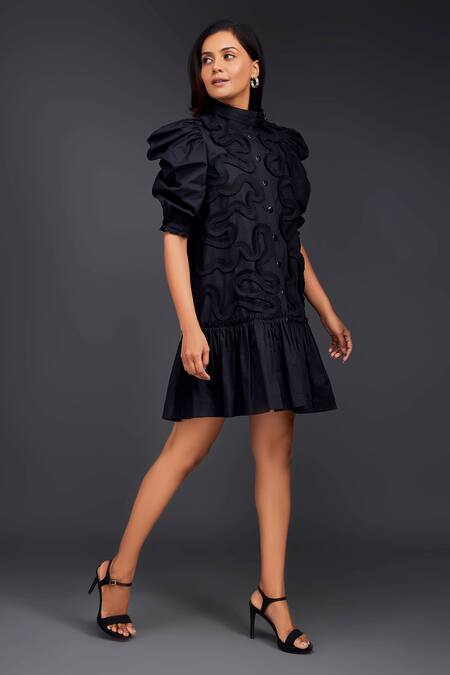 Buy_Deepika Arora_Black Cotton High Neck Pleated Frill Dress_Online_at_Aza_Fashions