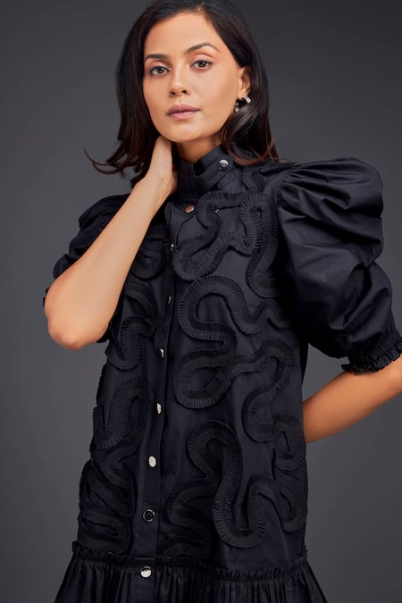 Shop_Deepika Arora_Black Cotton High Neck Pleated Frill Dress_Online_at_Aza_Fashions