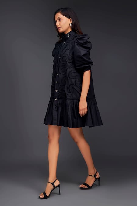 Deepika Arora_Black Cotton High Neck Pleated Frill Dress_at_Aza_Fashions