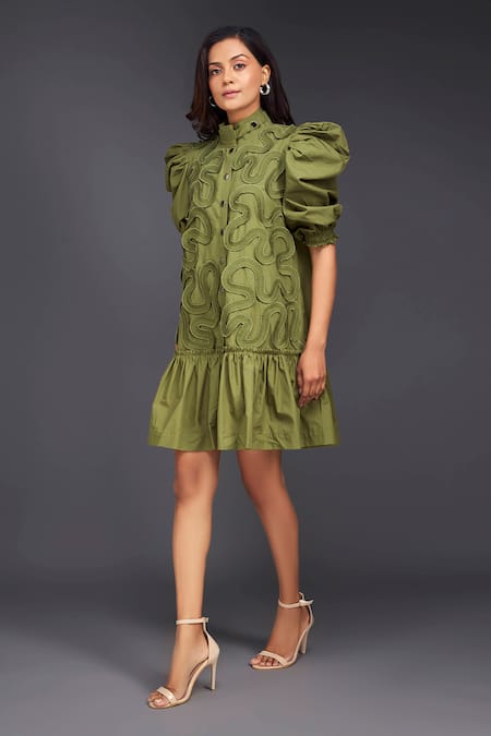 Deepika Arora Green Cotton High Neck Buttoned Pleated Frill Dress 