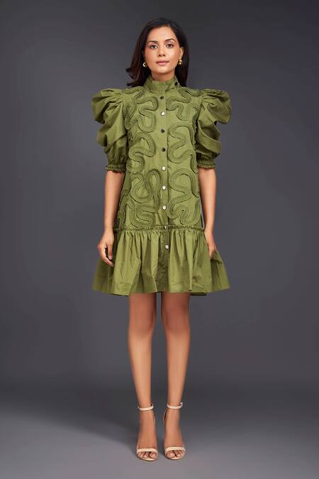 Deepika Arora_Green Cotton High Neck Buttoned Pleated Frill Dress_Online_at_Aza_Fashions