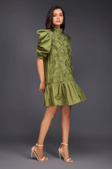 Buy_Deepika Arora_Green Cotton High Neck Buttoned Pleated Frill Dress_Online_at_Aza_Fashions