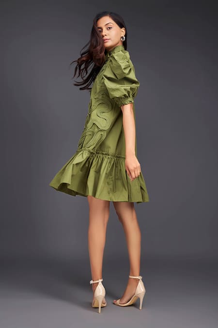 Shop_Deepika Arora_Green Cotton High Neck Buttoned Pleated Frill Dress_Online_at_Aza_Fashions
