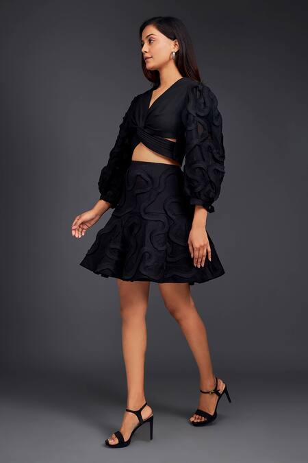 Deepika Arora_Black Cotton Fringe V-neck Pleated Frill Top With Skirt_Online_at_Aza_Fashions