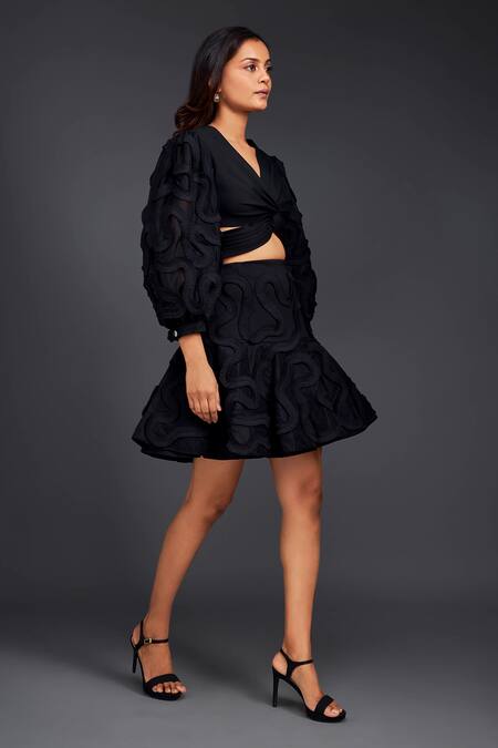 Shop_Deepika Arora_Black Cotton Fringe V-neck Pleated Frill Top With Skirt_Online_at_Aza_Fashions