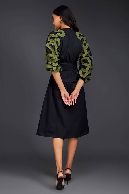 Shop_Deepika Arora_Black Cotton Buckles Round Neck Pleated Frill Dress With Belt_at_Aza_Fashions