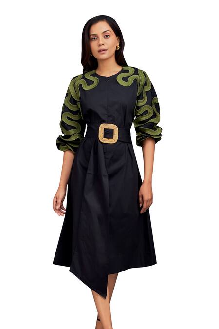 Buy_Deepika Arora_Black Cotton Buckles Round Neck Pleated Frill Dress With Belt_Online_at_Aza_Fashions