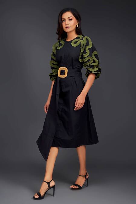 Shop_Deepika Arora_Black Cotton Buckles Round Neck Pleated Frill Dress With Belt_Online_at_Aza_Fashions