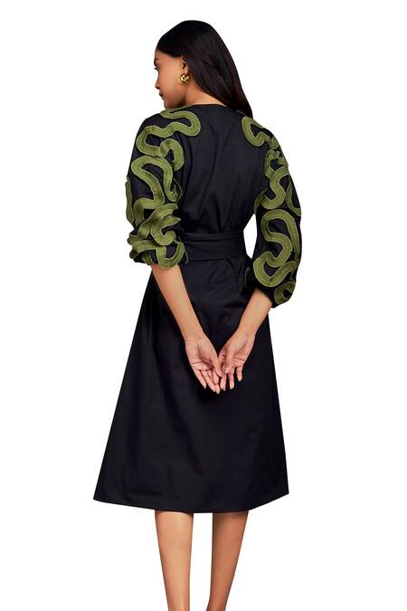 Deepika Arora_Black Cotton Buckles Round Neck Pleated Frill Dress With Belt_at_Aza_Fashions