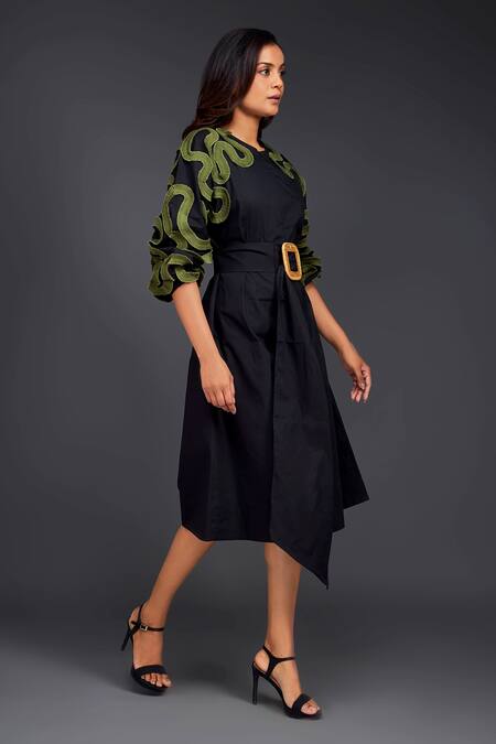 Buy_Deepika Arora_Black Cotton Buckles Round Neck Pleated Frill Dress With Belt