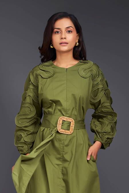 Deepika Arora Green Cotton Buckles Round Neck Tonal Pleated Frill Dress With Belt Online at Aza Fashions Deepika Arora_Green Cotton Buckles Round Neck Tonal Pleated Frill Dress With Belt_Online_at_Aza_Fashions