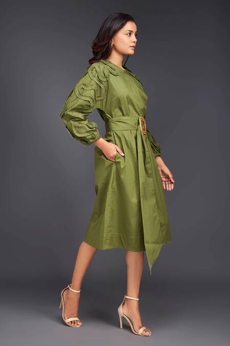 Buy Deepika Arora Green Cotton Buckles Round Neck Tonal Pleated Frill Dress With Belt Online at Aza Fashions Buy_Deepika Arora_Green Cotton Buckles Round Neck Tonal Pleated Frill Dress With Belt_Online_at_Aza_Fashions