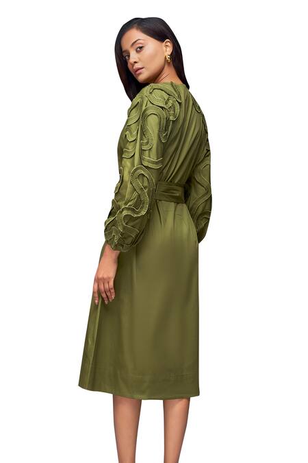 Shop Deepika Arora Green Cotton Buckles Round Neck Tonal Pleated Frill Dress With Belt Online at Aza Fashions Shop_Deepika Arora_Green Cotton Buckles Round Neck Tonal Pleated Frill Dress With Belt_Online_at_Aza_Fashions