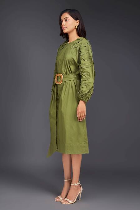 Deepika Arora Green Cotton Buckles Round Neck Tonal Pleated Frill Dress With Belt at Aza Fashions Deepika Arora_Green Cotton Buckles Round Neck Tonal Pleated Frill Dress With Belt_at_Aza_Fashions