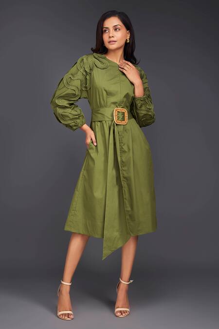 Buy Deepika Arora Green Cotton Buckles Round Neck Tonal Pleated Frill Dress With Belt Buy_Deepika Arora_Green Cotton Buckles Round Neck Tonal Pleated Frill Dress With Belt