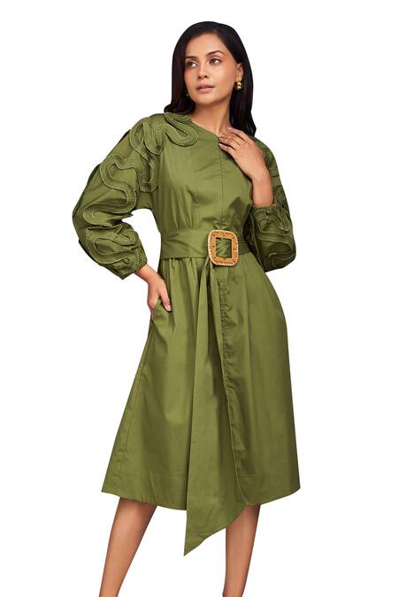 Shop Deepika Arora Green Cotton Buckles Round Neck Tonal Pleated Frill Dress With Belt Shop_Deepika Arora_Green Cotton Buckles Round Neck Tonal Pleated Frill Dress With Belt