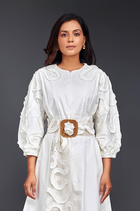 Buy_Deepika Arora_White Cotton Round Neck Tonal Pleated Frill Dress And Belt Set_Online_at_Aza_Fashions