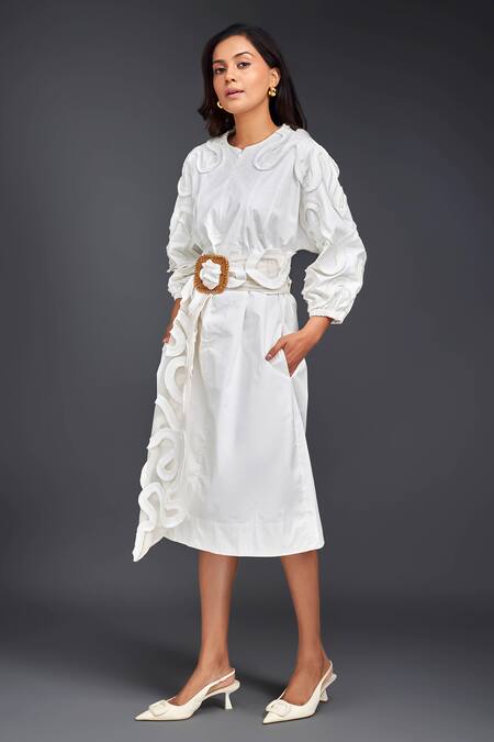 Shop_Deepika Arora_White Cotton Round Neck Tonal Pleated Frill Dress And Belt Set_Online_at_Aza_Fashions