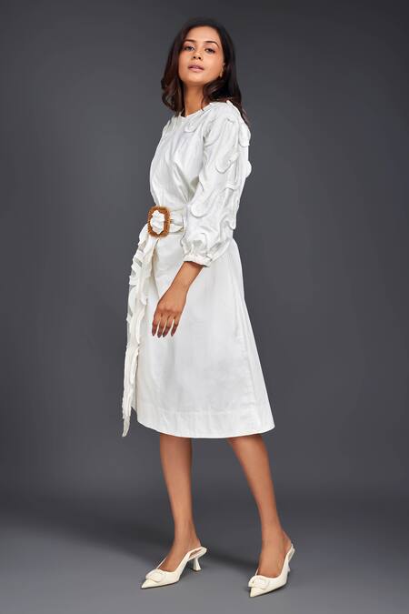 Deepika Arora_White Cotton Round Neck Tonal Pleated Frill Dress And Belt Set_at_Aza_Fashions