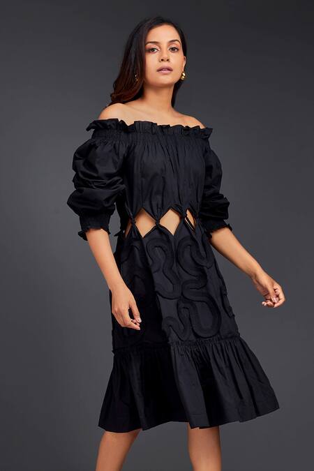 Buy_Deepika Arora_Black Cotton Cut Work Off-shoulder Tonal Frill Out Dress _Online_at_Aza_Fashions