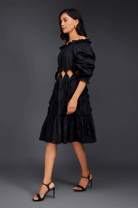 Shop_Deepika Arora_Black Cotton Cut Work Off-shoulder Tonal Frill Out Dress _Online_at_Aza_Fashions
