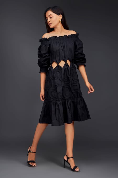 Deepika Arora_Black Cotton Cut Work Off-shoulder Tonal Frill Out Dress _at_Aza_Fashions