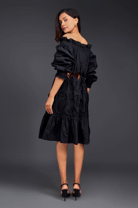 Shop_Deepika Arora_Black Cotton Cut Work Off-shoulder Tonal Frill Out Dress 