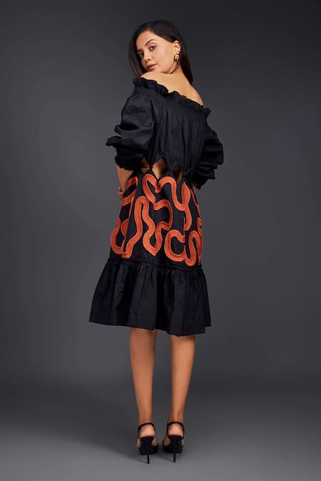 Shop Deepika Arora Black Cotton Off-shoulder Contrasting Pleated Frill Dress at Aza Fashions Shop_Deepika Arora_Black Cotton Off-shoulder Contrasting Pleated Frill Dress _at_Aza_Fashions