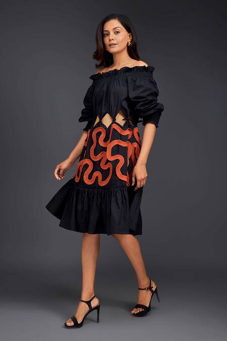 Buy Deepika Arora Black Cotton Off-shoulder Contrasting Pleated Frill Dress Online at Aza Fashions Buy_Deepika Arora_Black Cotton Off-shoulder Contrasting Pleated Frill Dress _Online_at_Aza_Fashions