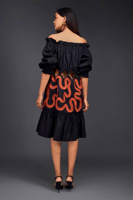 Shop Deepika Arora Black Cotton Off-shoulder Contrasting Pleated Frill Dress Online at Aza Fashions Shop_Deepika Arora_Black Cotton Off-shoulder Contrasting Pleated Frill Dress _Online_at_Aza_Fashions