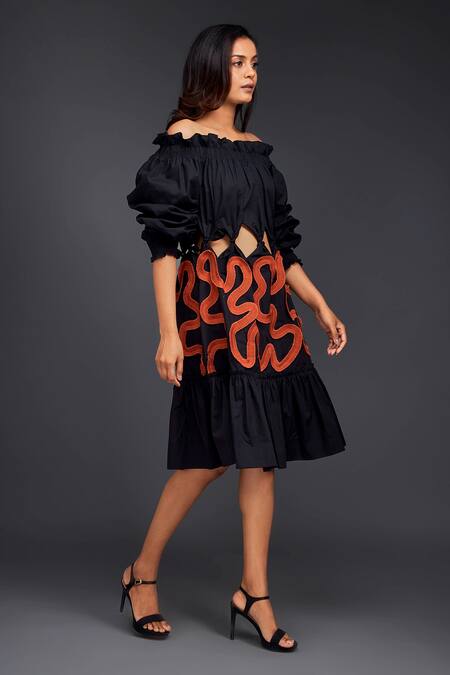 Shop Deepika Arora Black Cotton Off-shoulder Contrasting Pleated Frill Dress Shop_Deepika Arora_Black Cotton Off-shoulder Contrasting Pleated Frill Dress